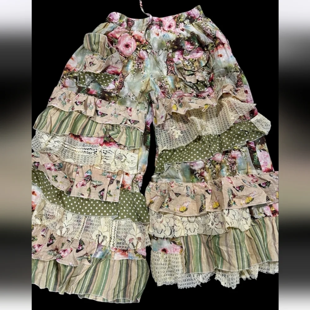 NEW A Rare Bird Butterfly Boho Pants -  Ruffle Wide-Leg Pants - Picture 2 of 4